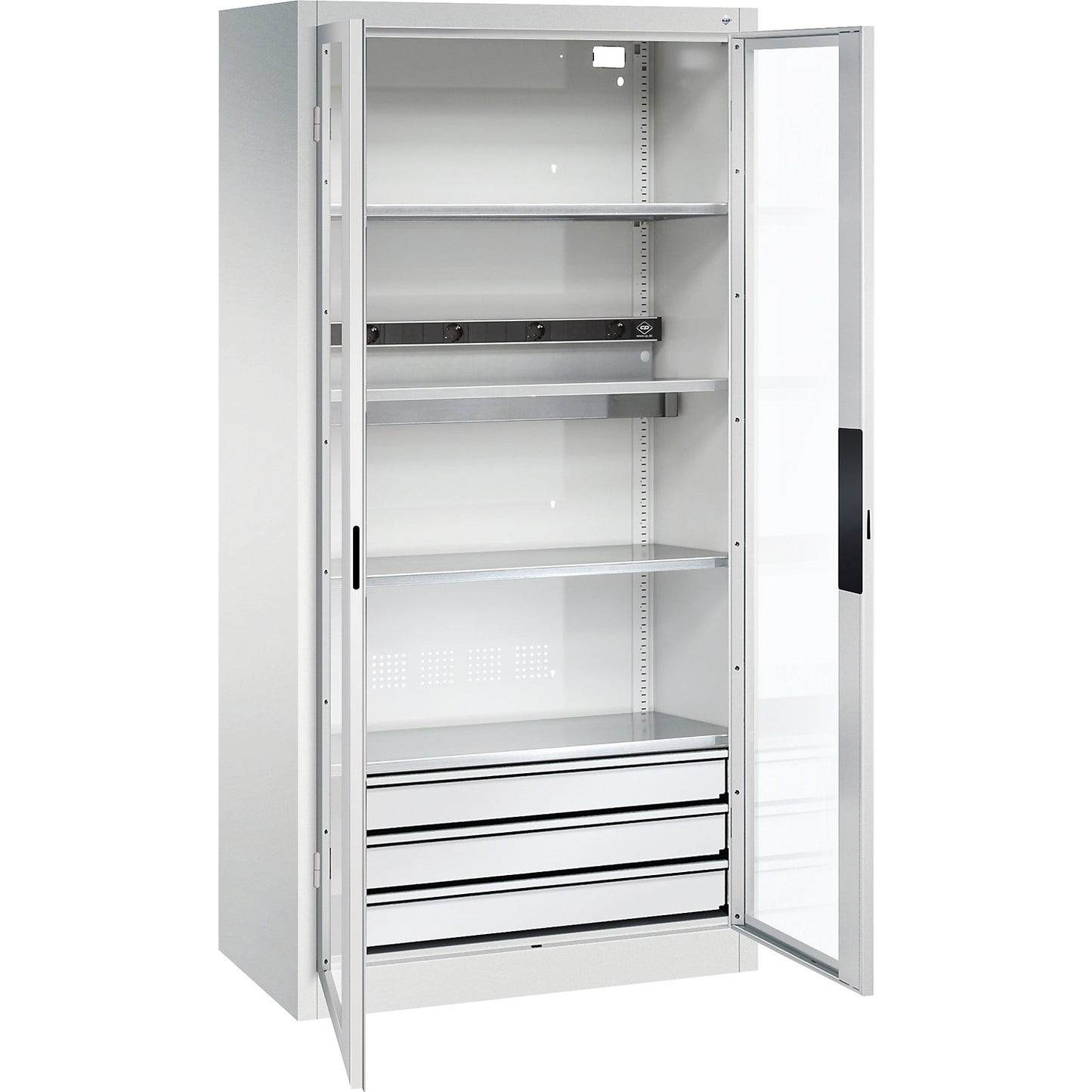 BASIC battery charging cabinet, vision panel doors, 3 drawers, light grey.