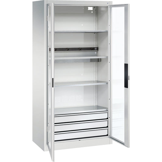 BASIC battery charging cabinet, vision panel doors, 3 drawers, light grey.