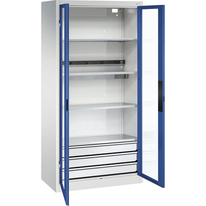 BASIC battery charging cabinet, vision panel doors, 3 drawers, light grey / gentian blue.