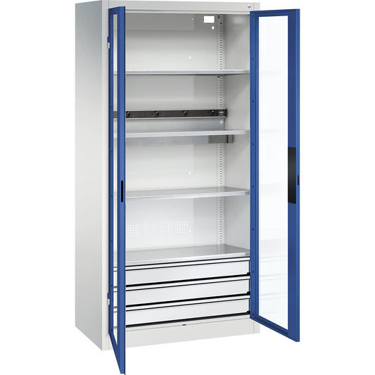 BASIC battery charging cabinet, vision panel doors, 3 drawers, light grey / gentian blue.