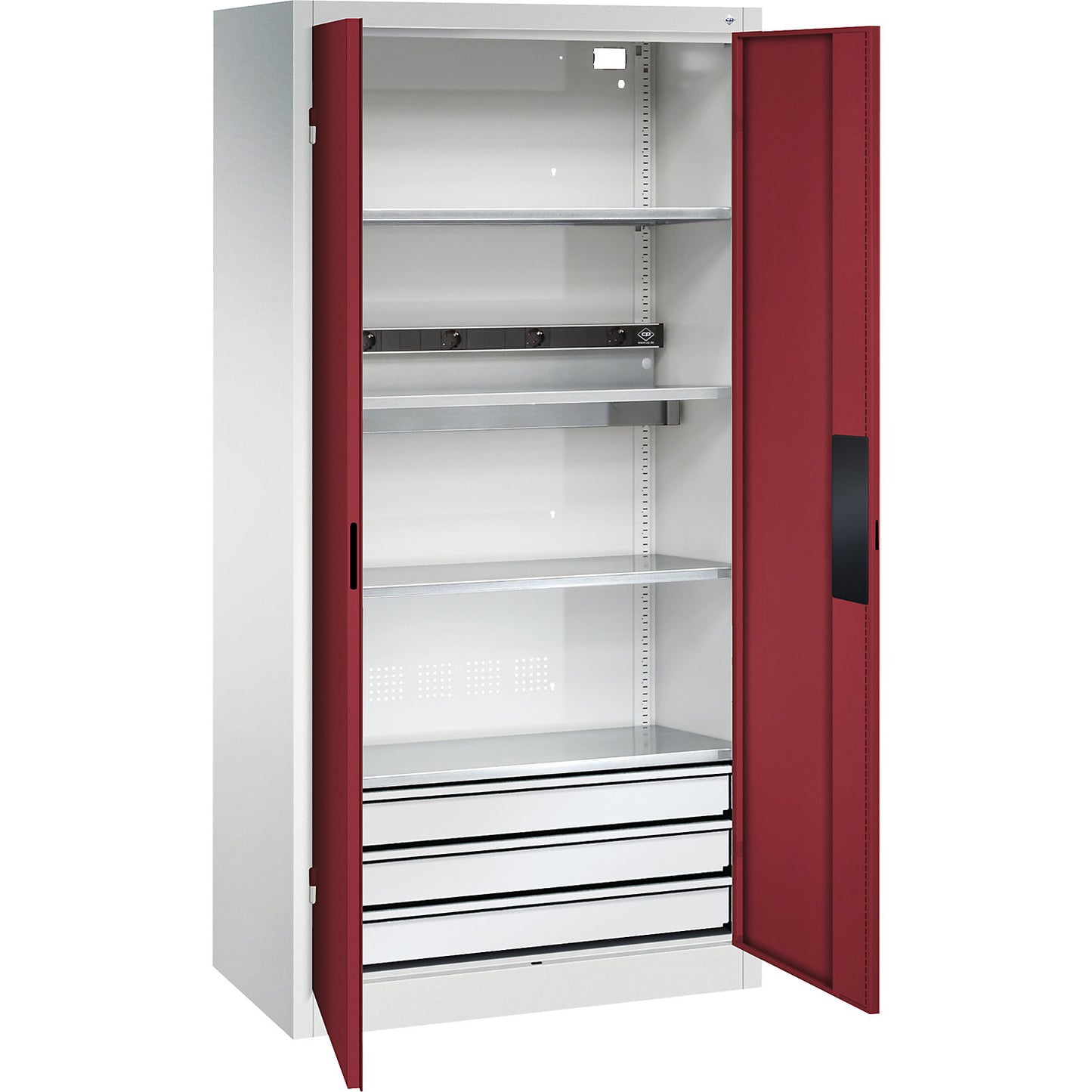 BASIC battery charging cabinet, solid panel doors, 3 drawers, light grey / ruby red.