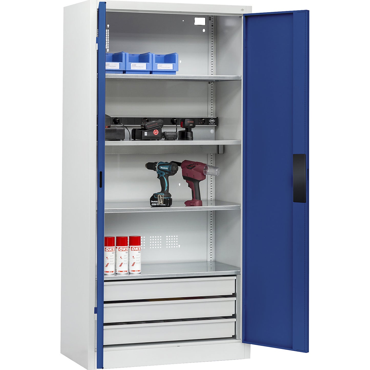 BASIC battery charging cabinet, solid panel doors, 3 drawers, light grey / gentian blue.
