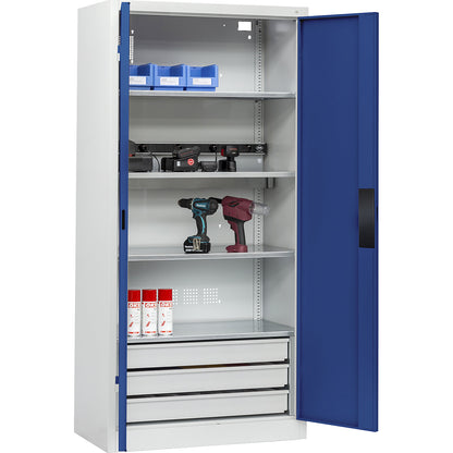 BASIC battery charging cabinet, solid panel doors, 3 drawers, light grey / gentian blue.