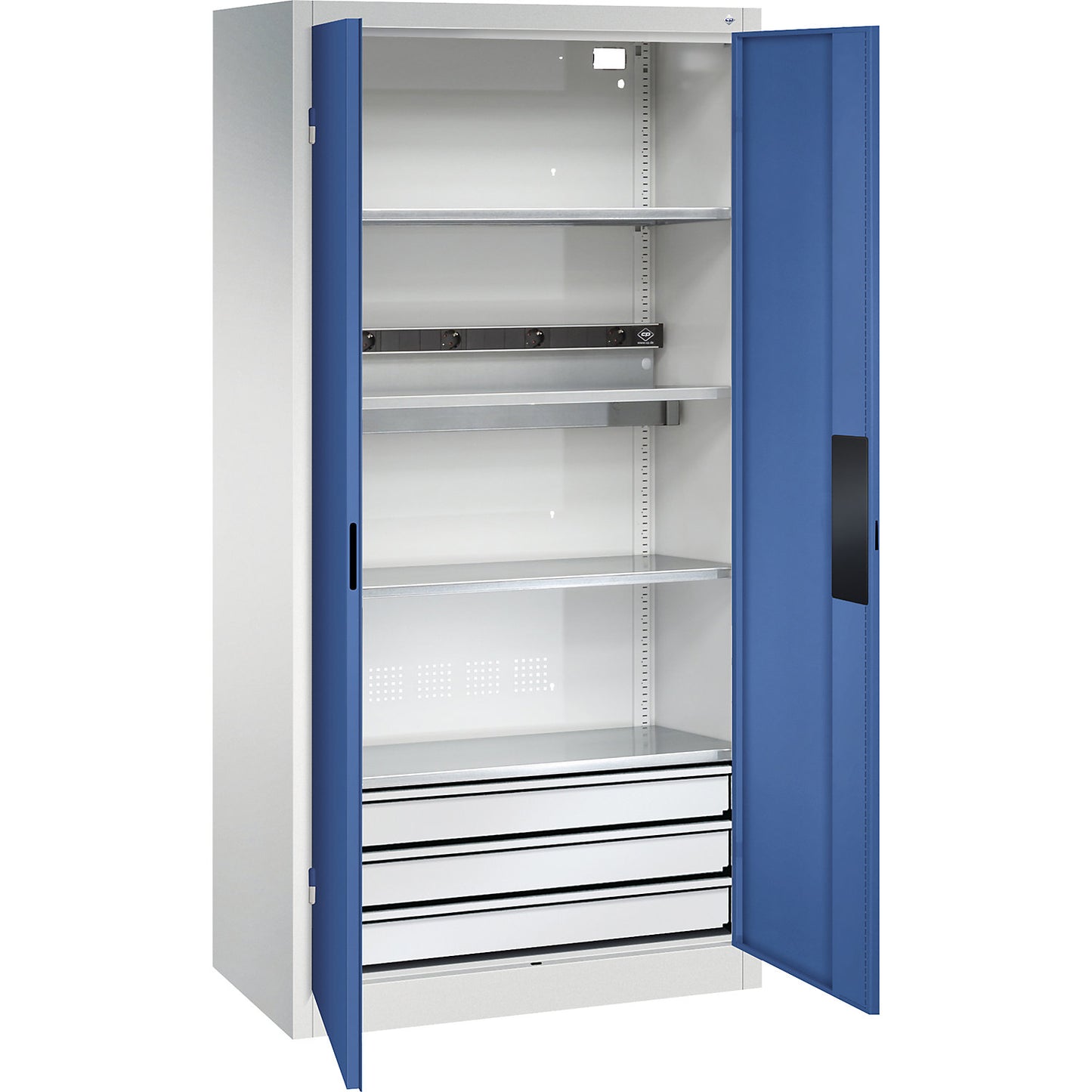 BASIC battery charging cabinet, solid panel doors, 3 drawers, light grey / gentian blue.