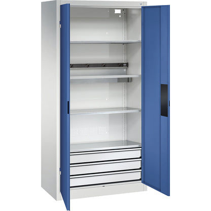 BASIC battery charging cabinet, solid panel doors, 3 drawers, light grey / gentian blue.