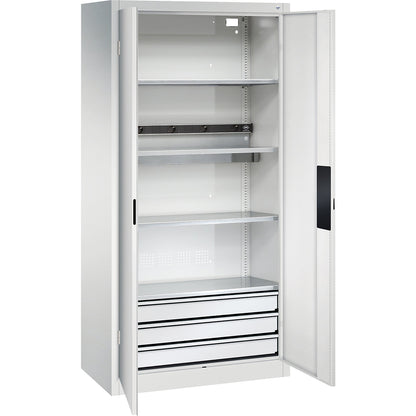 BASIC battery charging cabinet, solid panel doors, 3 drawers, light grey.