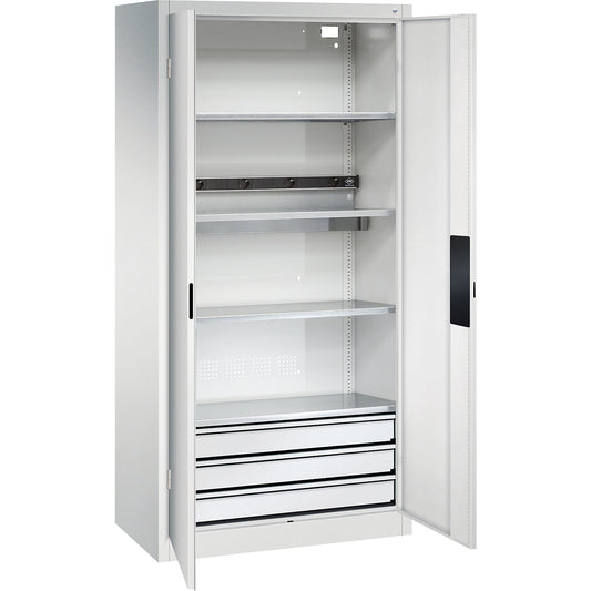 BASIC battery charging cabinet, solid panel doors, 3 drawers, light grey.