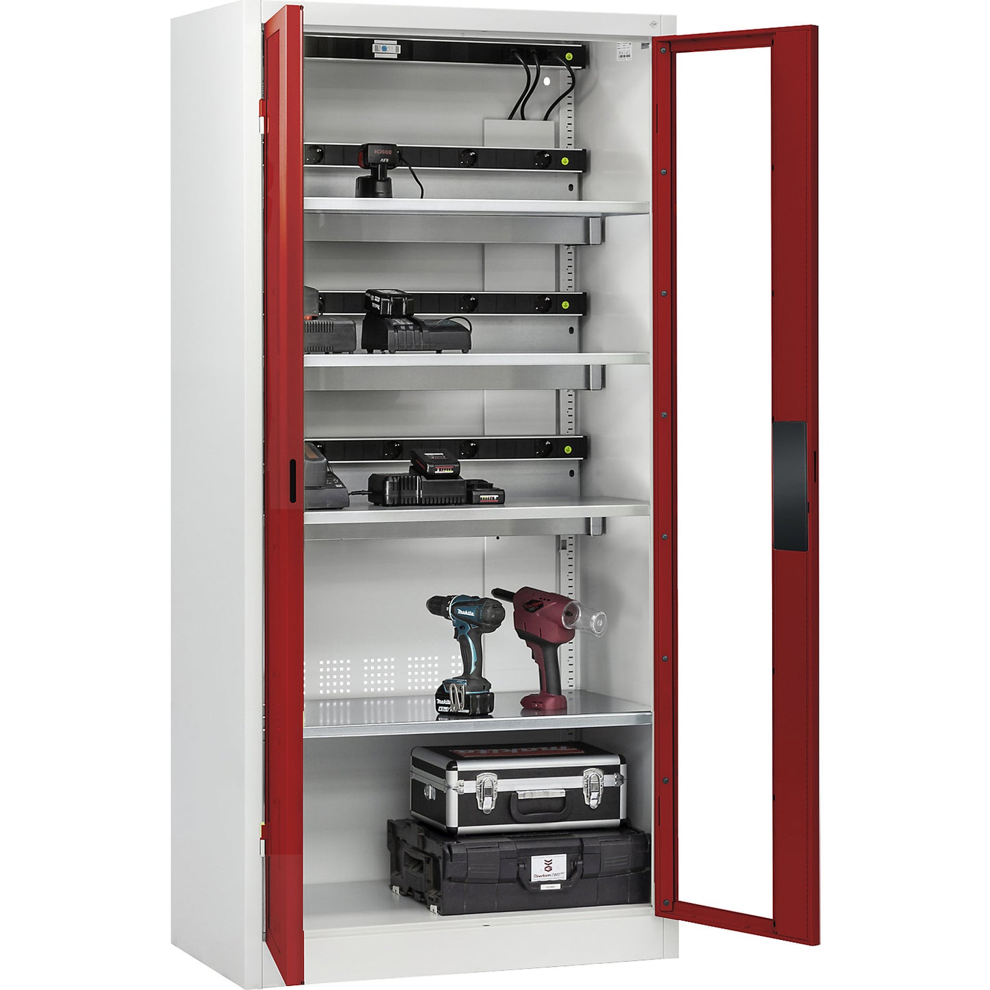 COMFORT battery charging cabinet, with vision panel doors, light grey / ruby red.