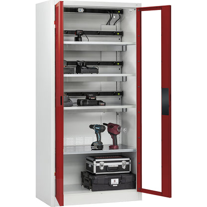 COMFORT battery charging cabinet, with vision panel doors, light grey / ruby red.