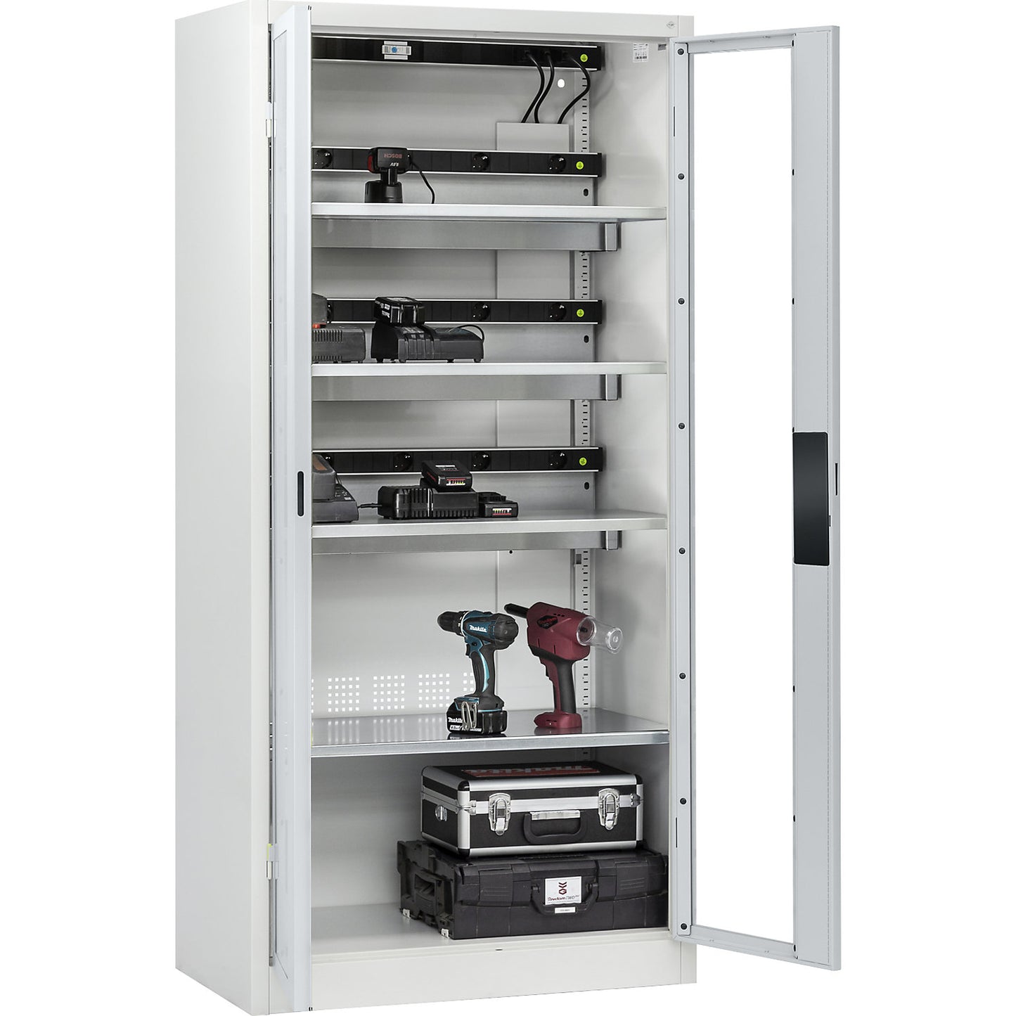 COMFORT battery charging cabinet, with vision panel doors, light grey.