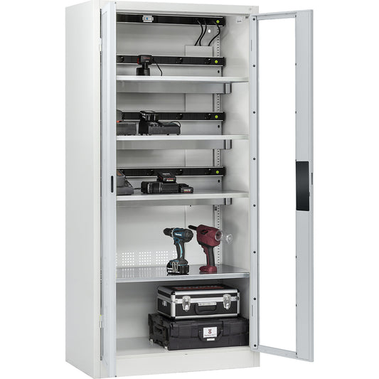 COMFORT battery charging cabinet, with vision panel doors, light grey.