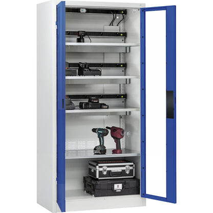 COMFORT battery charging cabinet, with vision panel doors, light grey / gentian blue.