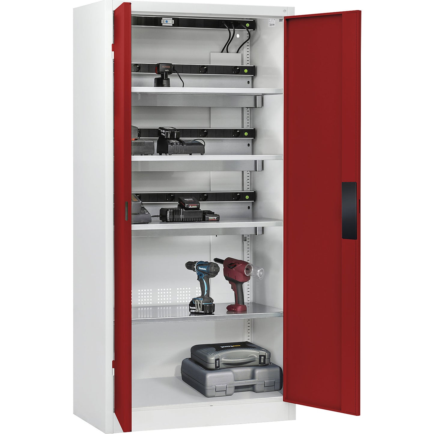 COMFORT battery charging cabinet, with solid panel doors, light grey / ruby red.
