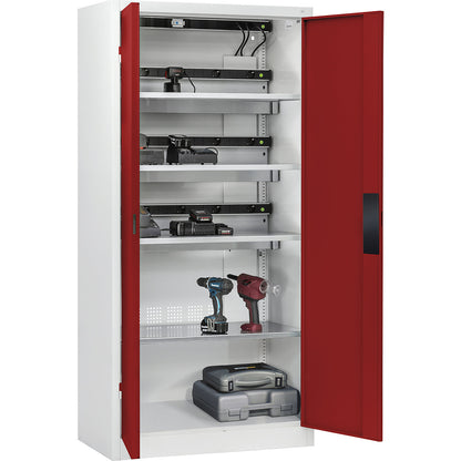 COMFORT battery charging cabinet, with solid panel doors, light grey / ruby red.