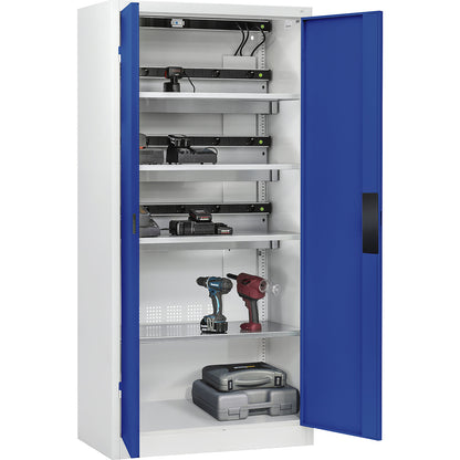 COMFORT battery charging cabinet, with solid panel doors, light grey / gentian blue.