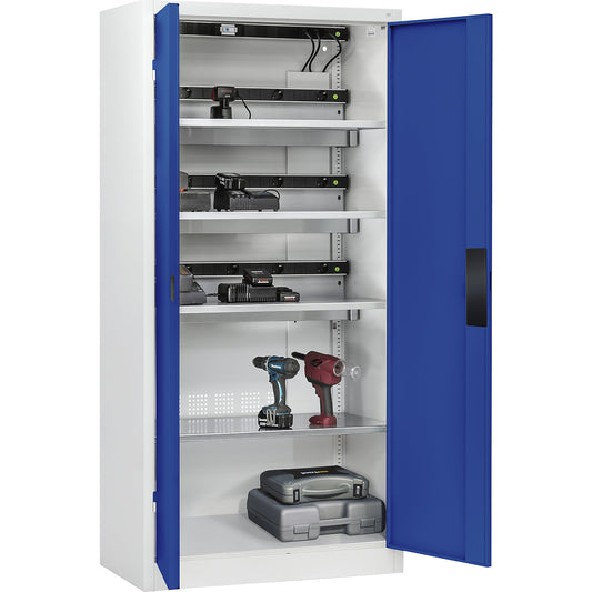 COMFORT battery charging cabinet, with solid panel doors, light grey / gentian blue.