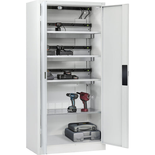 COMFORT battery charging cabinet, with solid panel doors, light grey.