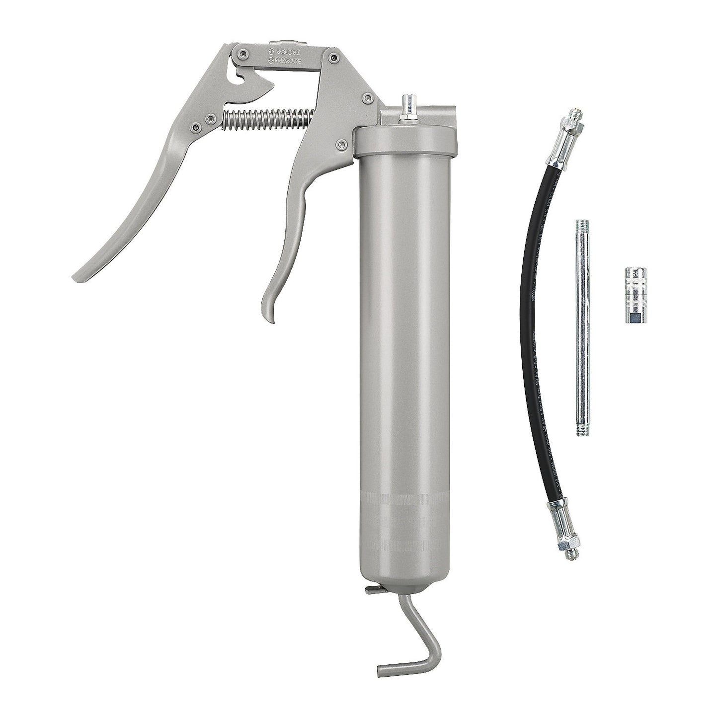 Single-hand grease gun, with nozzle tube, hydraulic mouthpiece and reinforced hose, for greases up to NLGI 2 at 20 °C.