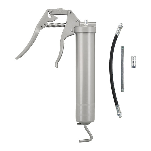 Single-hand grease gun, with nozzle tube, hydraulic mouthpiece and reinforced hose, for greases up to NLGI 2 at 20 °C.