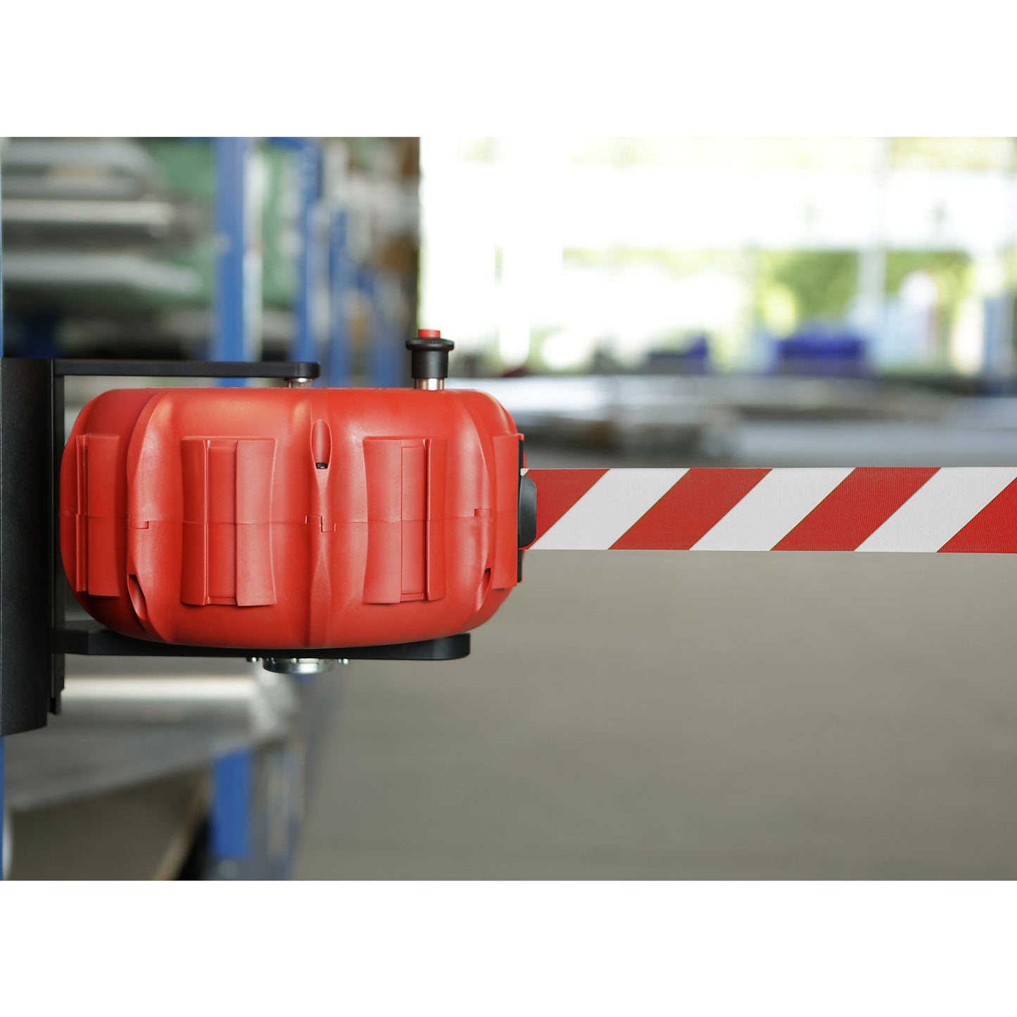 JetTrac wall mounted belt barrier, extension length max. 25000 mm, red on white.