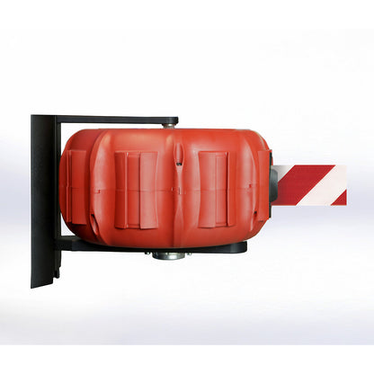 JetTrac wall mounted belt barrier, extension length max. 25000 mm, red on white.