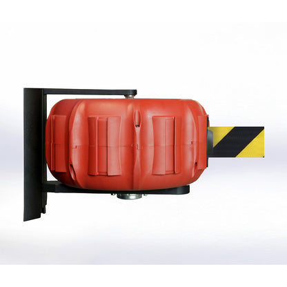 JetTrac wall mounted belt barrier, extension length max. 25000 mm, black on yellow.