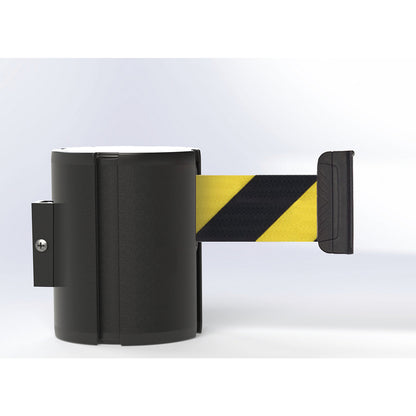 Aluminium belt cassette, wall XXL, 12 m extension, belt colour black/yellow, housing colour black.