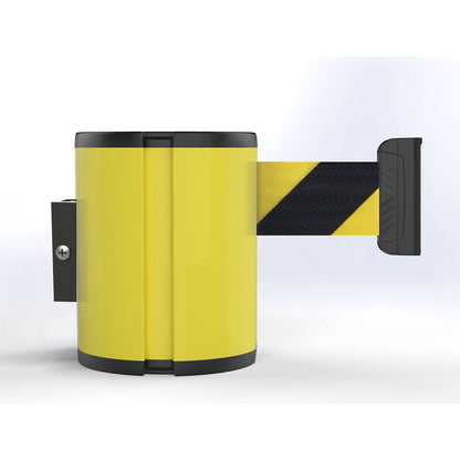 Aluminium belt cassette, wall XXL, 12 m extension, belt colour black/yellow, housing colour yellow.