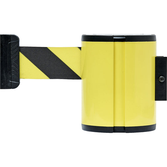 Aluminium belt cassette, wall XL, extension 7 m, belt colour black/yellow, housing colour yellow.
