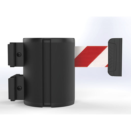 Aluminium belt cassette, wall XL, extension 7 m, belt colour red/white, housing colour black, magnetic.