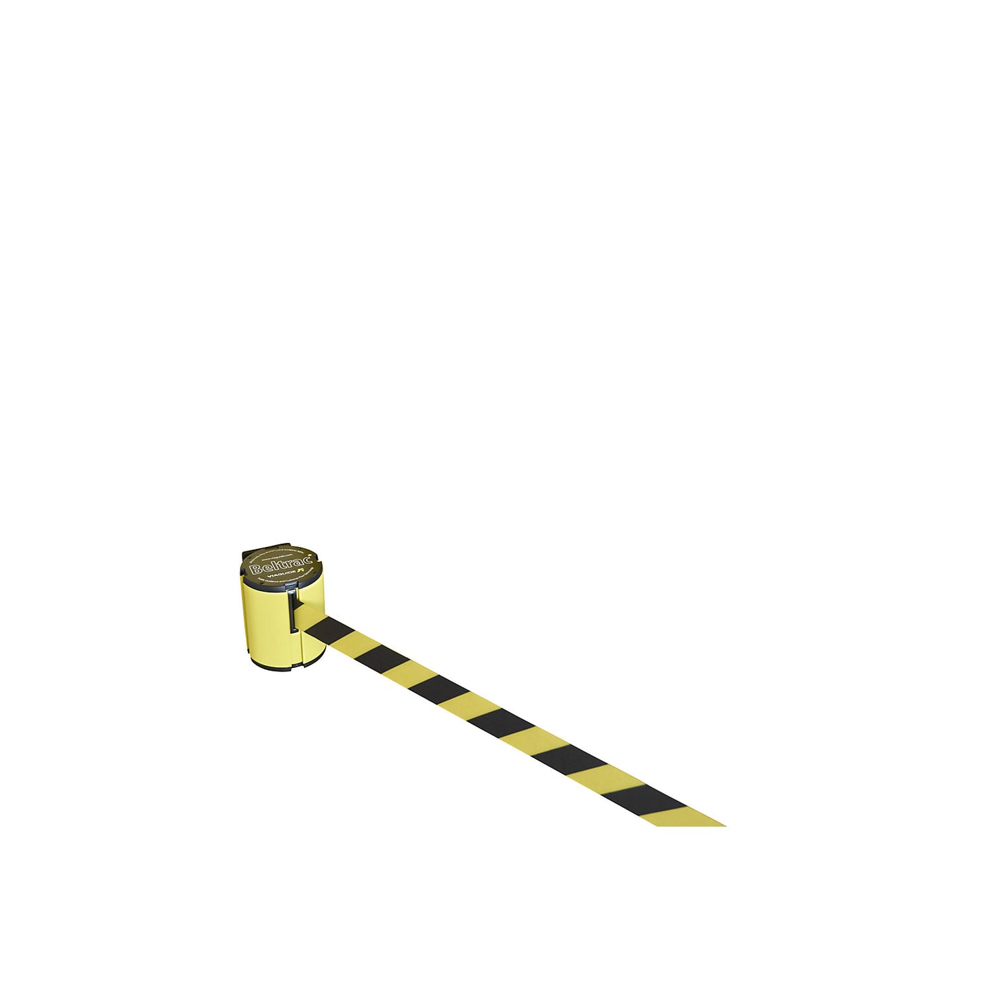 Aluminium belt cassette, wall XXL, 12 m extension, belt colour black/yellow, housing colour yellow, magnetic.