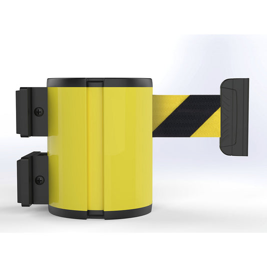 Aluminium belt cassette, wall XL, extension 7 m, belt colour black/yellow, housing colour yellow, magnetic.