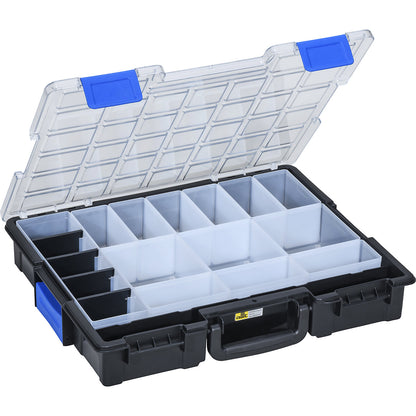 Professional small parts case, external WxH 355 x 76 mm, black/blue.