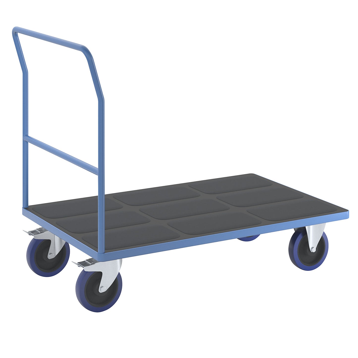 Platform truck with tubular push handle, fully elastic castors, light blue, platform LxW 1250 x 800 mm.