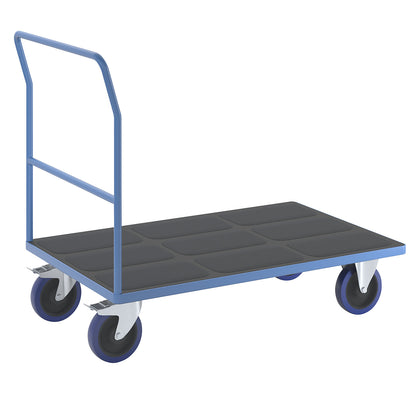 Platform truck with tubular push handle, fully elastic castors, light blue, platform LxW 1250 x 800 mm.