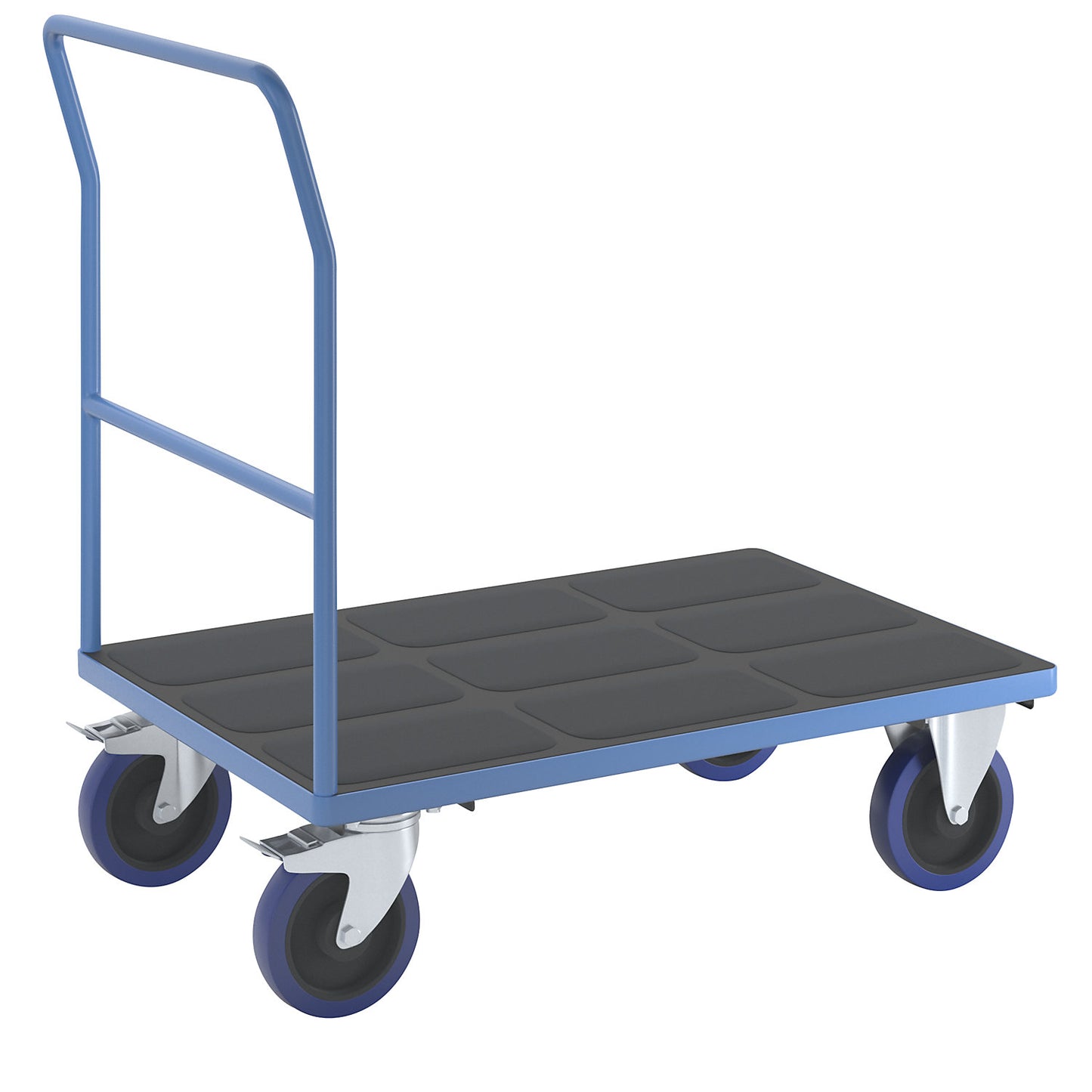 Platform truck with tubular push handle, fully elastic castors, light blue, platform LxW 1050 x 700 mm.
