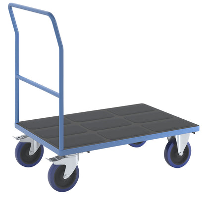 Platform truck with tubular push handle, fully elastic castors, light blue, platform LxW 1050 x 700 mm.