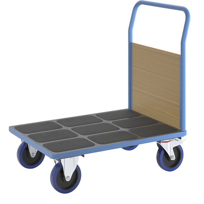 Platform truck with wooden panels, with 1 end panel, LxW 1100 x 700 mm, solid elastic.