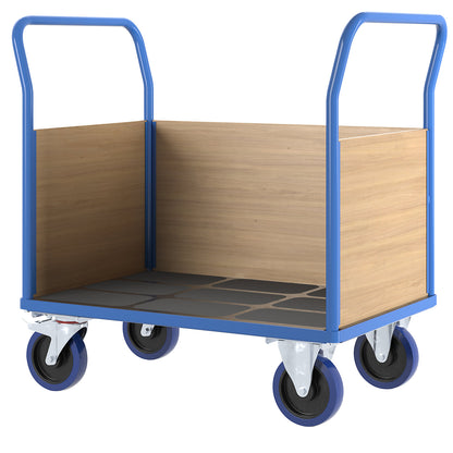 Platform truck with wooden panels, with 3 full height side panels, LxW 1150 x 700 mm, solid elastic.