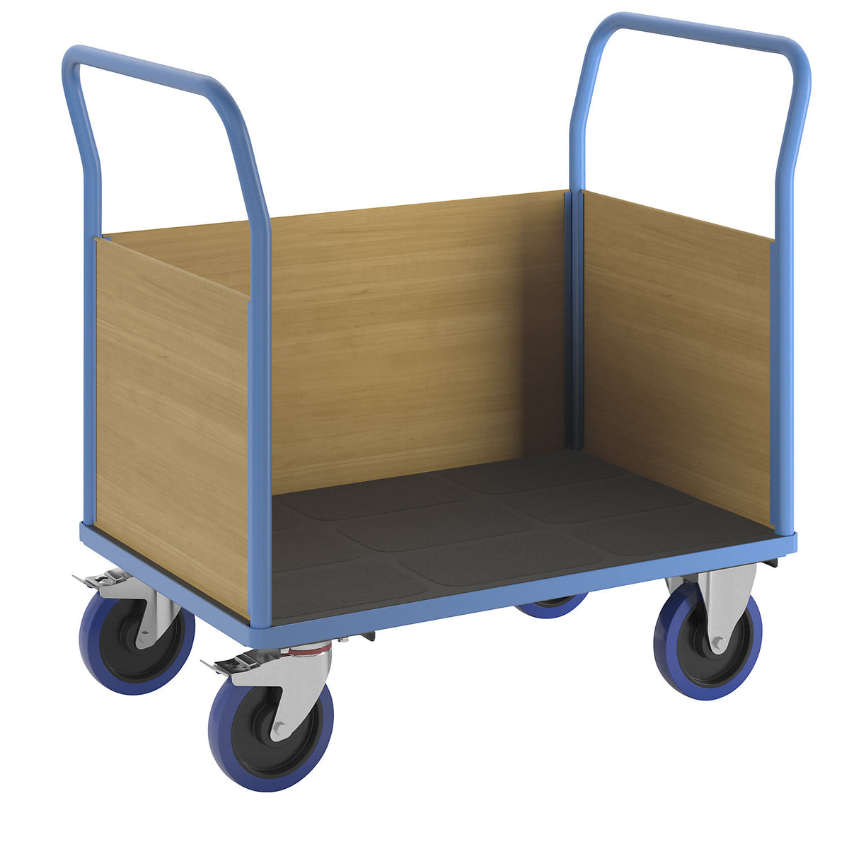Platform truck with wooden panels, with 3 full height side panels, LxW 1150 x 700 mm, solid elastic.