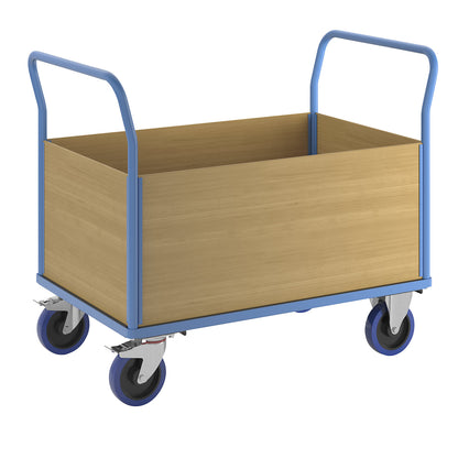 Platform truck with wooden panels, with 4 full height side panels, LxW 1350 x 800 mm, solid elastic.
