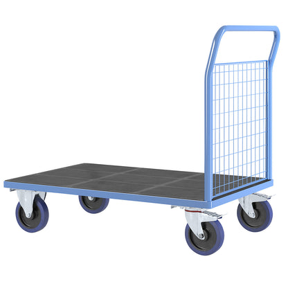 Platform truck with mesh panels, 1 high mesh end panel, LxW 1250 x 800 mm, solid elastic tyres.