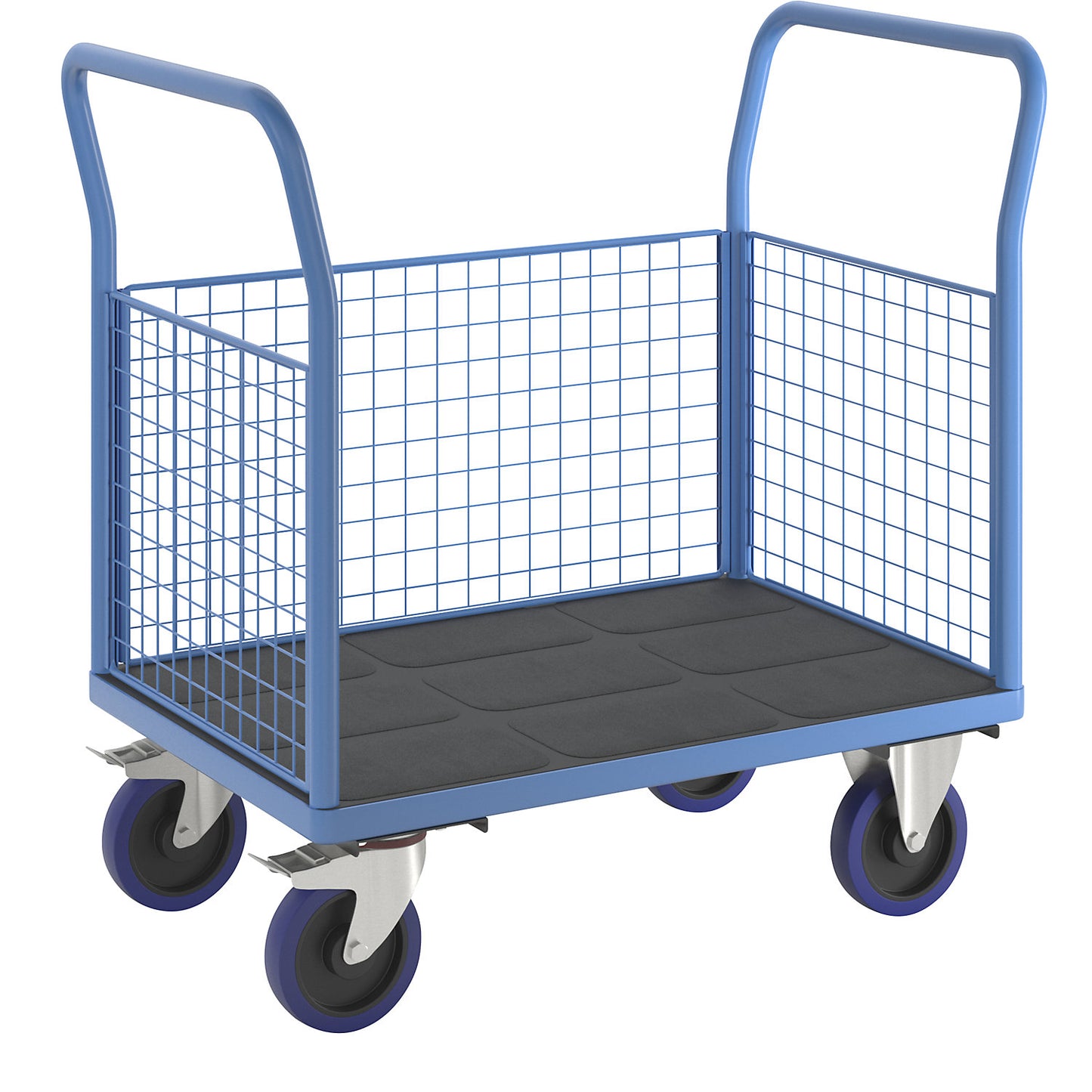 Platform truck with mesh panels, 3 high mesh panels, LxW 1050 x 700 mm, solid elastic tyres.