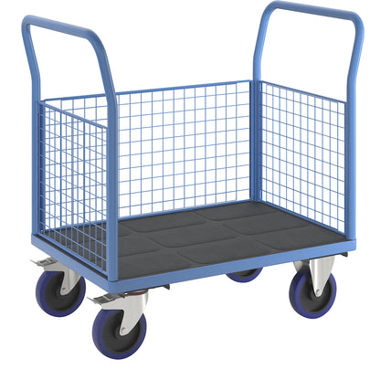 Platform truck with mesh panels, 3 high mesh panels, LxW 1050 x 700 mm, solid elastic tyres.