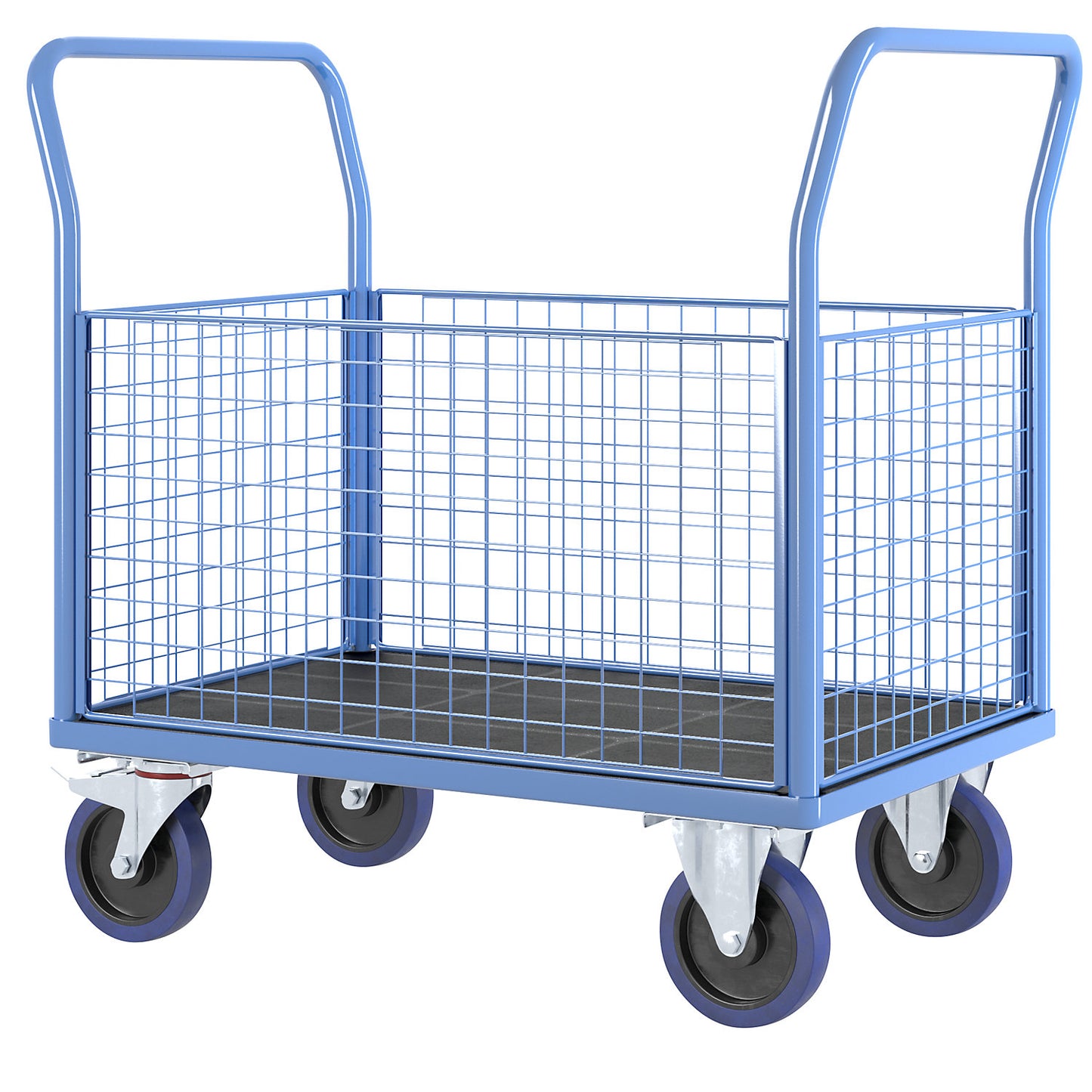 Platform truck with mesh panels, 4 high mesh panels, LxW 1050 x 700 mm, solid elastic tyres.