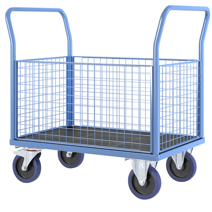 Platform truck with mesh panels, 4 high mesh panels, LxW 1050 x 700 mm, solid elastic tyres.