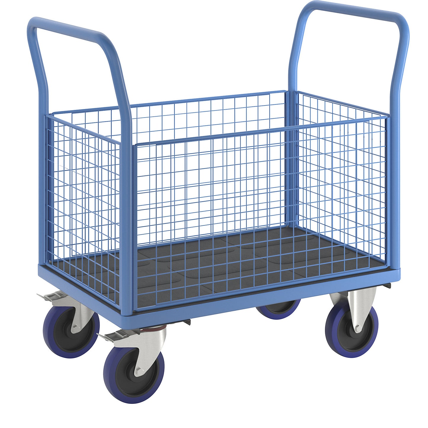 Platform truck with mesh panels, 4 high mesh panels, LxW 1050 x 700 mm, solid elastic tyres.