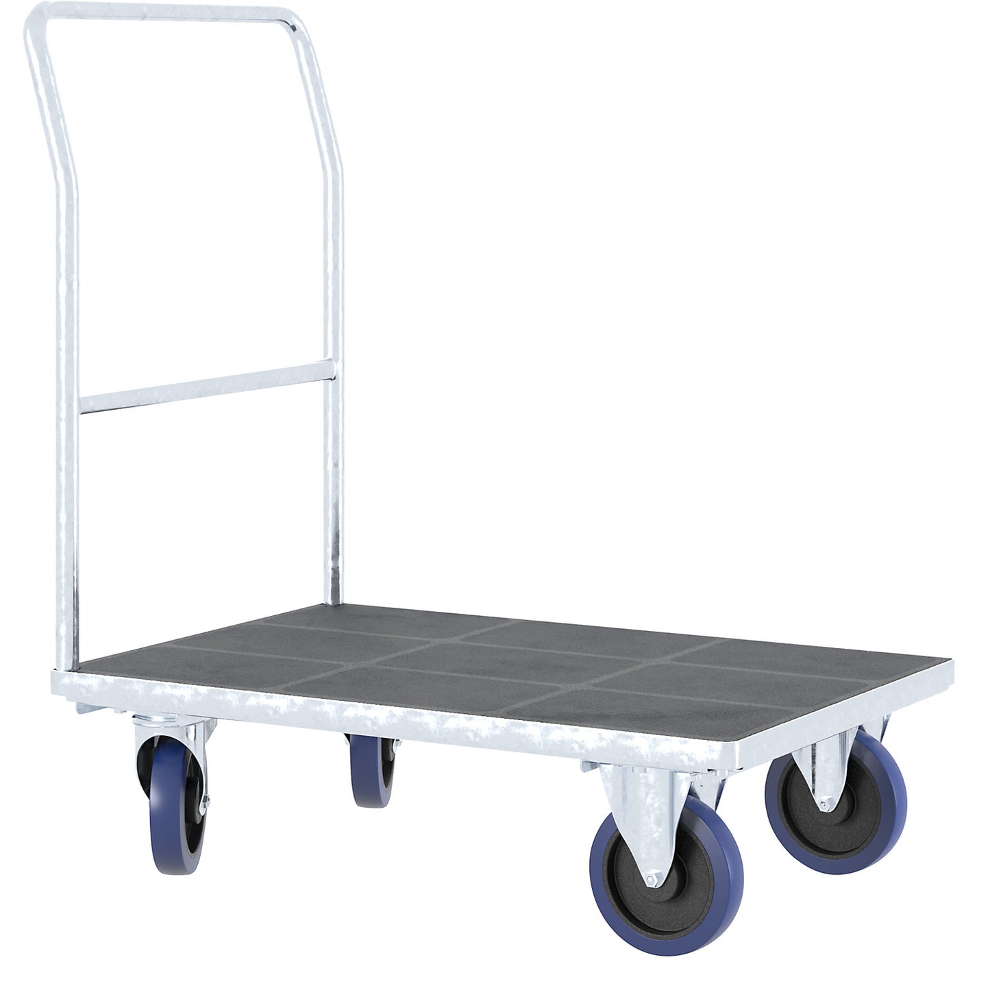 Platform truck with tubular push handle, fully elastic castors, zinc plated, platform LxW 1050 x 700 mm.