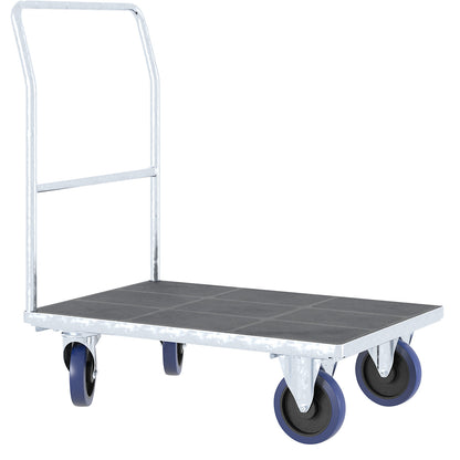 Platform truck with tubular push handle, fully elastic castors, zinc plated, platform LxW 1050 x 700 mm.