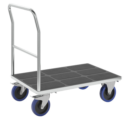 Platform truck with tubular push handle, fully elastic castors, zinc plated, platform LxW 1050 x 700 mm.